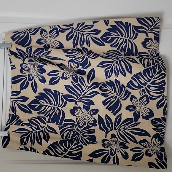 Talbots Size 15 Stretch Tan With Blue Tropical Floral Pattern Sequin Skirt - Picture 3 of 11
